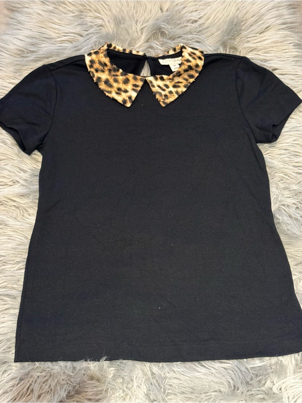 Maison Jules Black Tee with Leopard-Print Collar